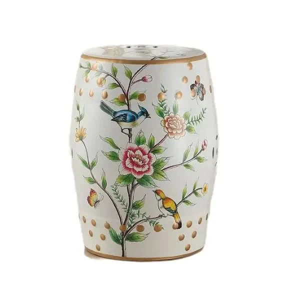 Ceramic Garden Stool in White with Flowers & Birds