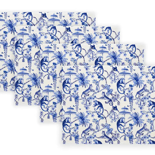 Linen Place Mats in Blue Toile Monkey Set of 4