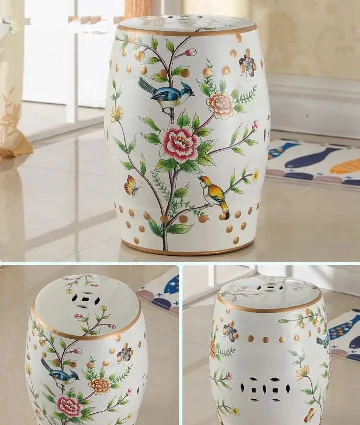 Ceramic Garden Stool in White with Flowers & Birds
