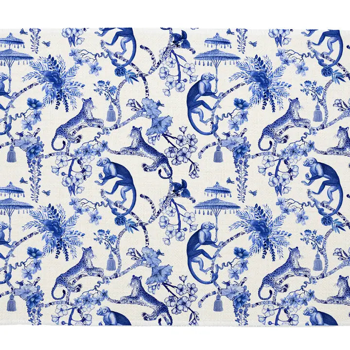 Linen Place Mats in Blue Toile Monkey Set of 4