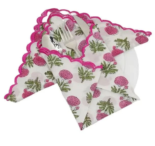 Set of Six Napkins Pink Marigold Print with Tassel