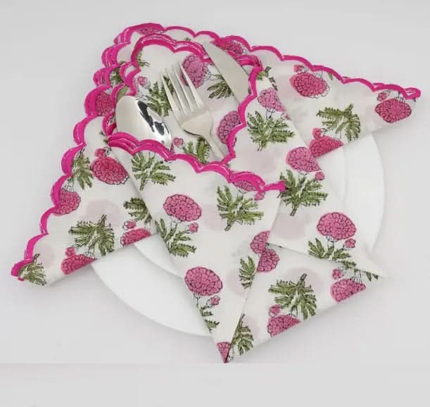 Set of Six Napkins Pink Marigold Print with Tassel