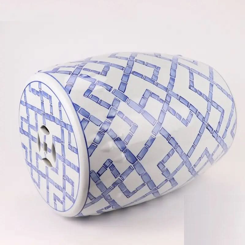 Ceramic Garden Stool in White and Blue Bamboo