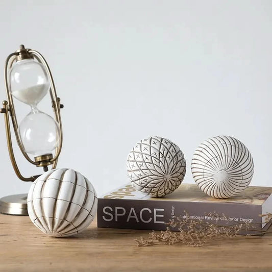 Set of Three White Wash Decorative Spheres