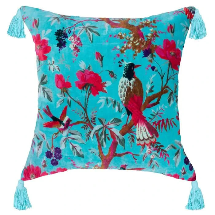 Velvet Bird of Paradise Pillow with Tassels in Turquoise