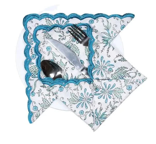 Set of Six Napkins Fern and Flowers Print in Cerulean Blue