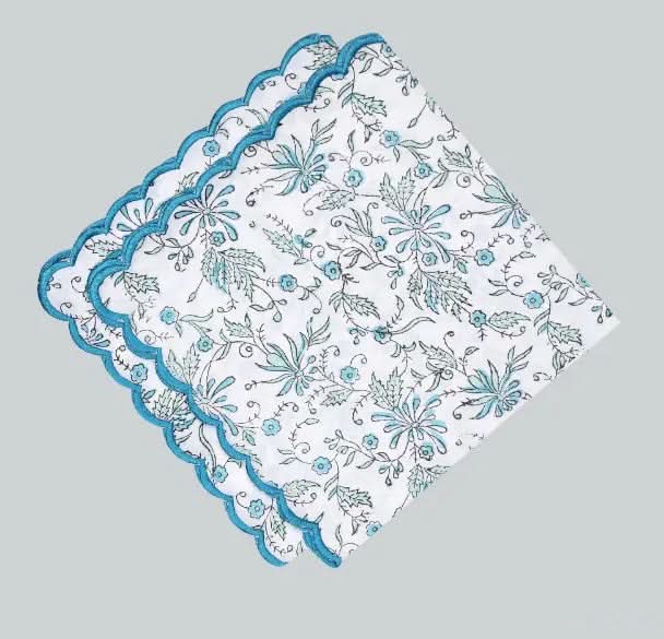 Set of Six Napkins Fern and Flowers Print in Cerulean Blue