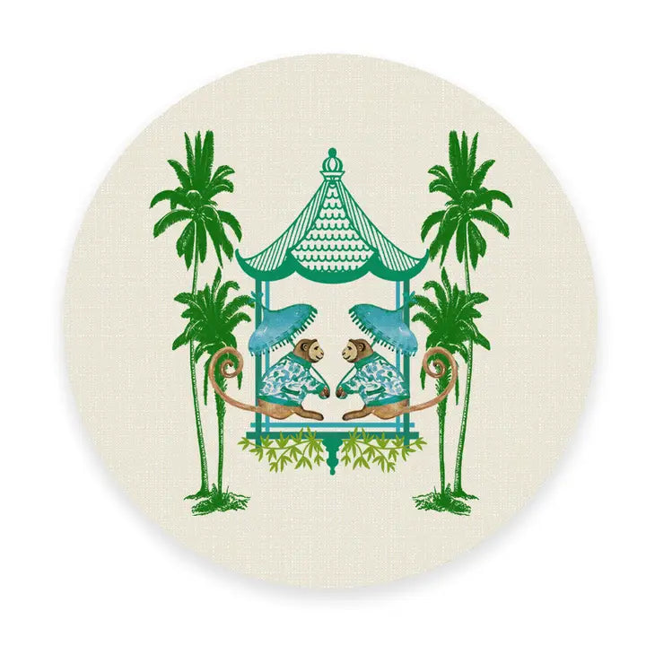Linen Place Mats Chinoiserie Monkey Aqua Round