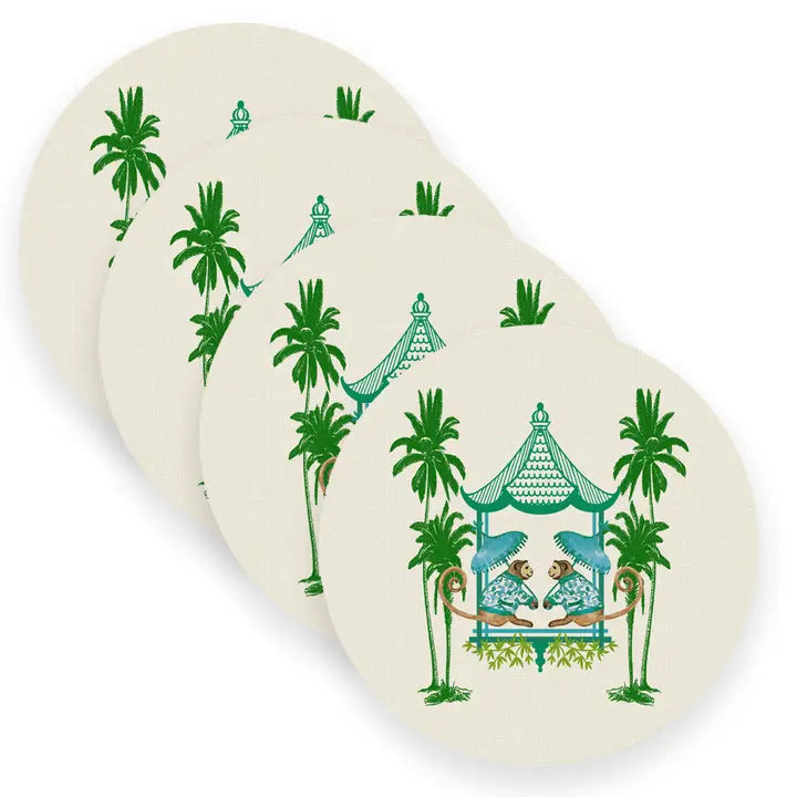 Linen Place Mats Chinoiserie Monkey Aqua Round