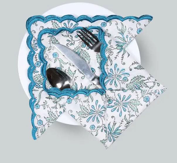 Set of Six Napkins Fern and Flowers Print in Cerulean Blue