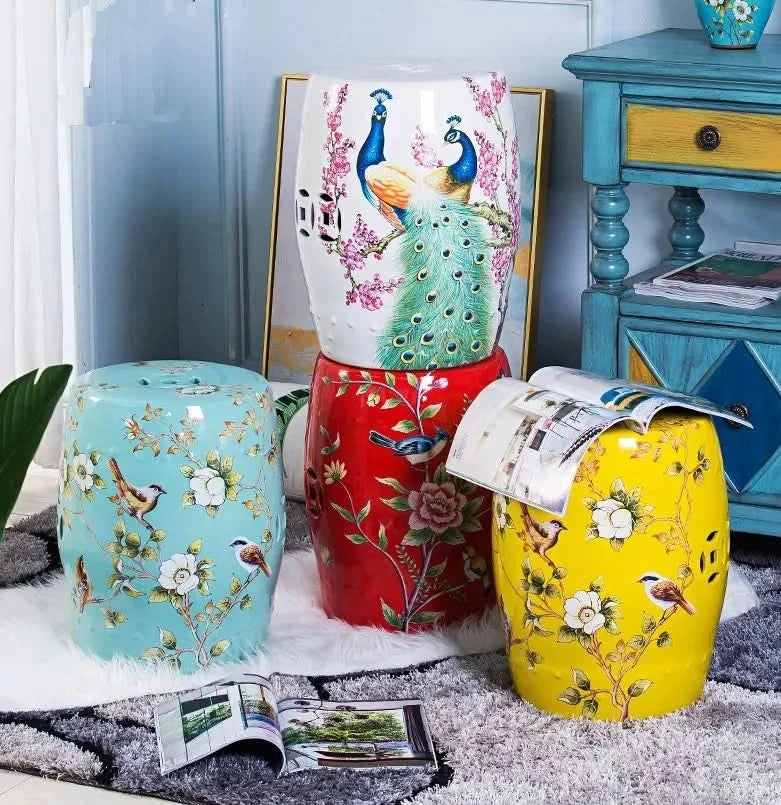 Ceramic Garden Stool in Red Flowers & Birds