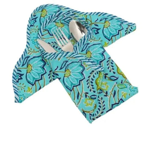 Set of Six Napkins in Aqua Tropical Flowers Print