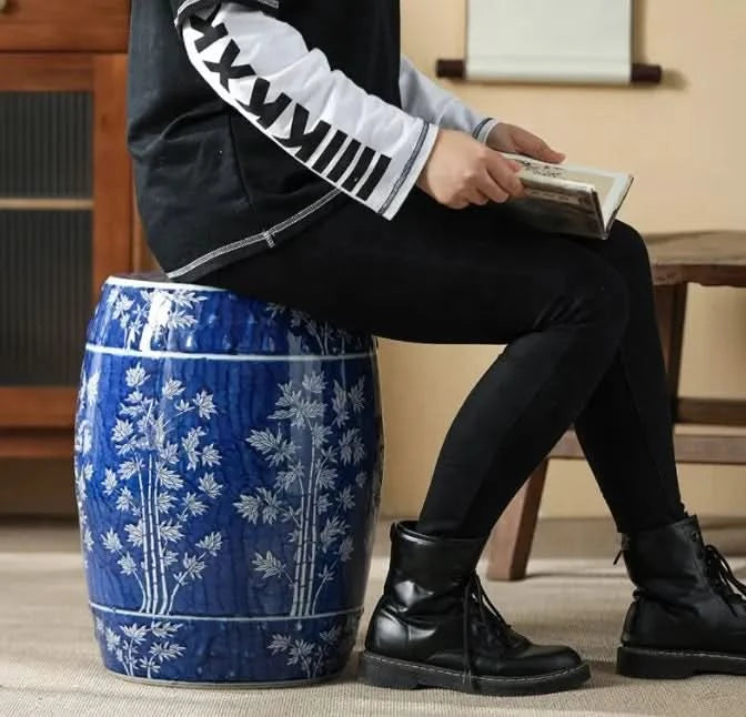 Indigo Blue Ceramic Garden Stool in Chinese Bamboo