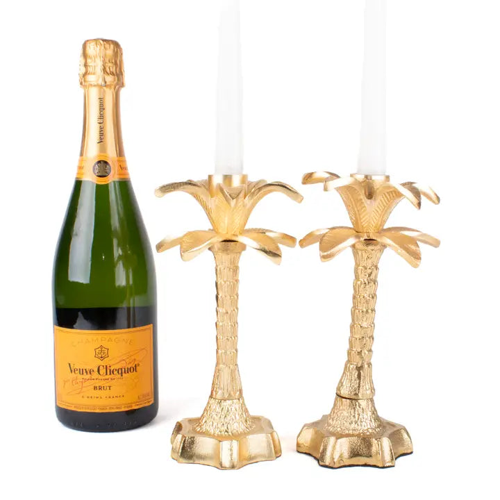 Set of Two Palm Tree Candle Sticks in Gold
