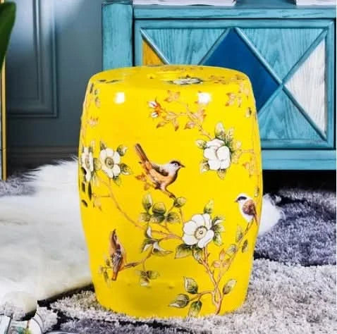 Ceramic Garden Stool in Yellow Birds