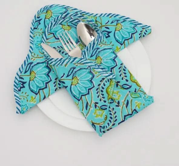 Set of Six Napkins in Aqua Tropical Flowers Print