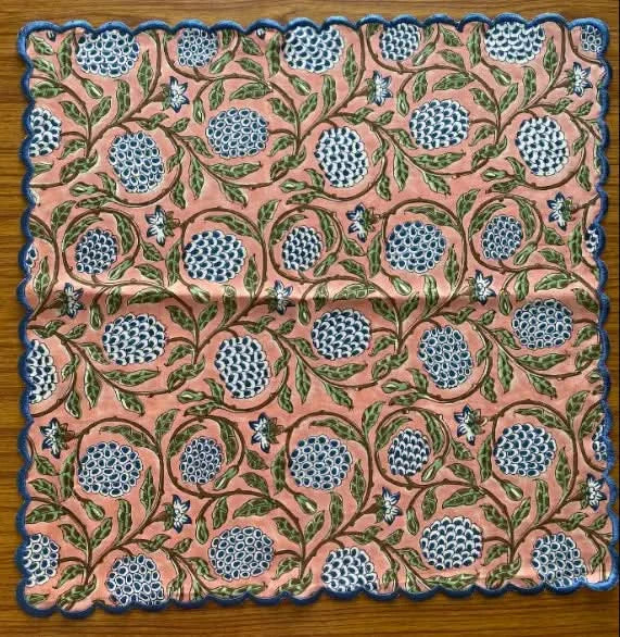 Set of Six Napkins in Salmon and Blue Field Flowers Print