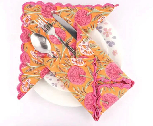 Set of Six Napkins in Orange and Pink Flowers Print