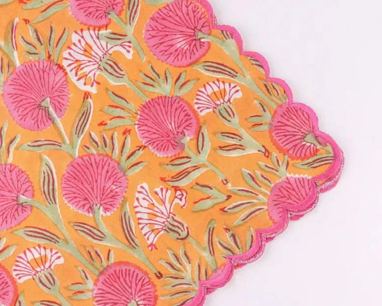 Set of Six Napkins in Orange and Pink Flowers Print