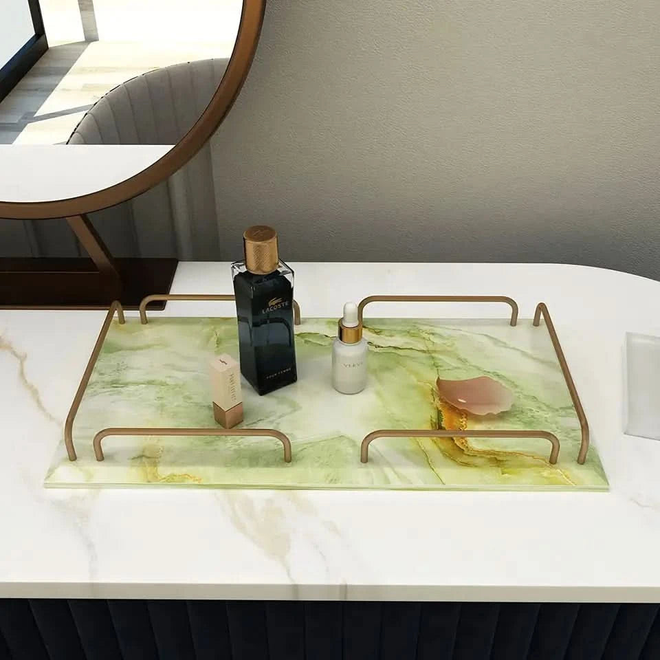 Green Marble Tray with Brass Handles