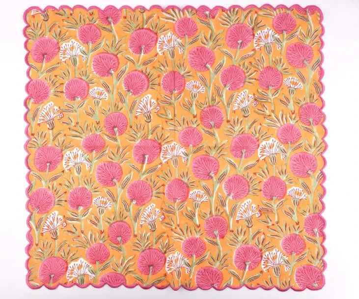 Set of Six Napkins in Orange and Pink Flowers Print