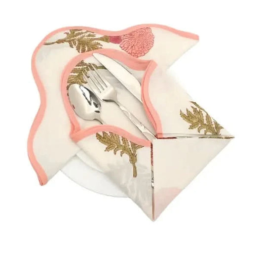 Set of Six Napkins in Sage and Pink Carnations Print
