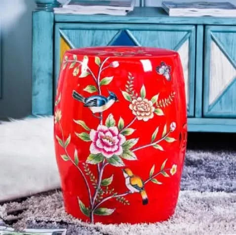 Ceramic Garden Stool in Red Flowers Birds – Babcock Ranch Home Decor