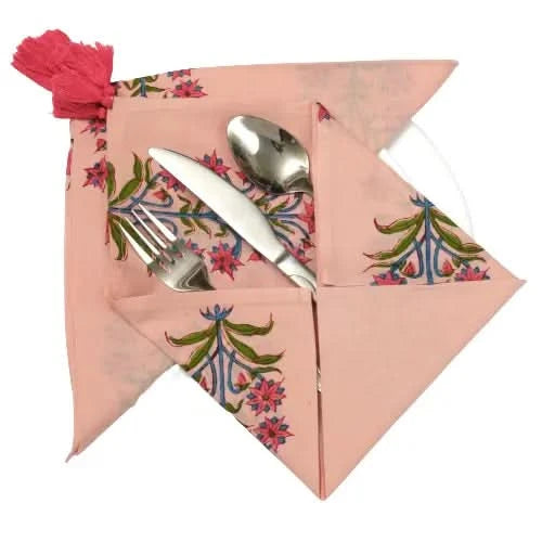 Set of Six Napkins in Peach with Pink Flowers Print