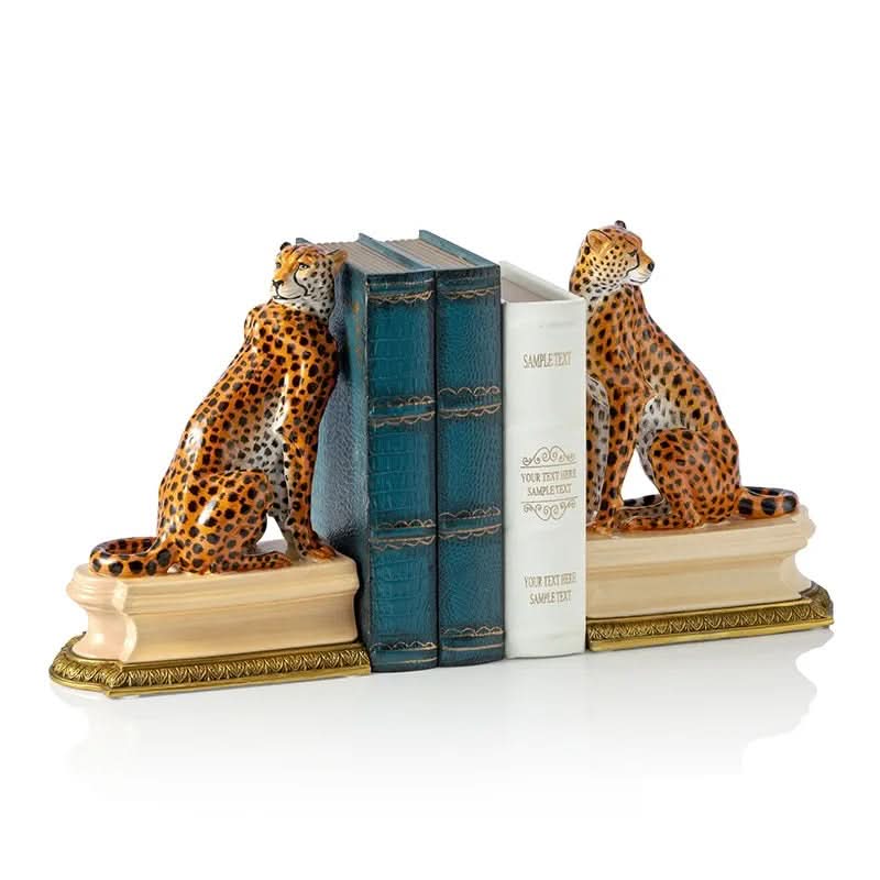 Regency Cheetah Brass and Ceramic Bookends