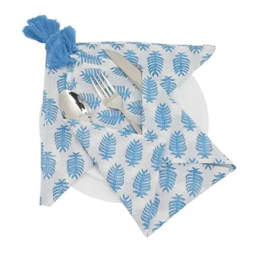 Set of Six Napkins Blue Fern Print with Tassel