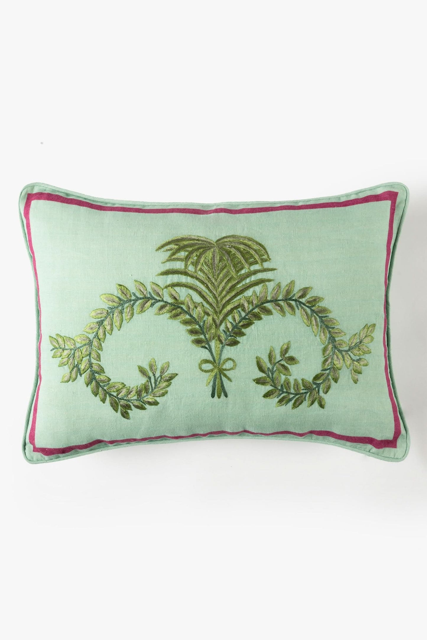 Embroidered Fern Pillow in Linen Seafoam