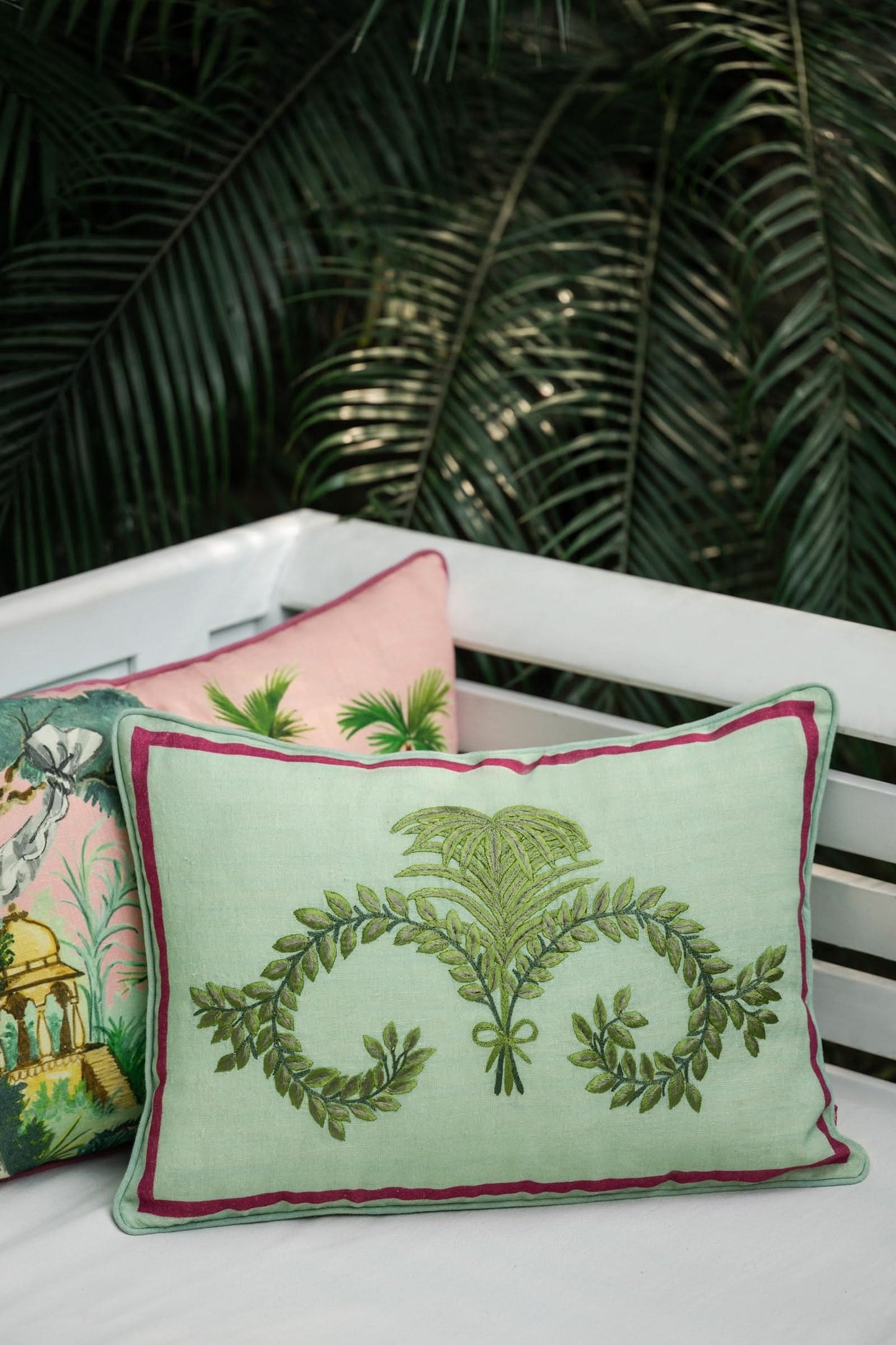 Embroidered Fern Pillow in Linen Seafoam