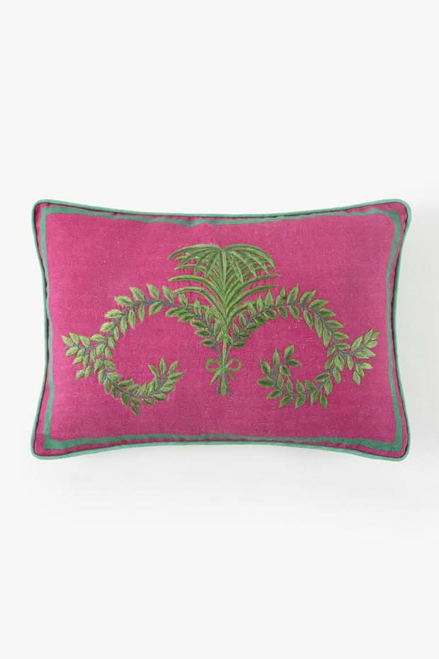 Embroidered Fern Pillow in Linen Magenta