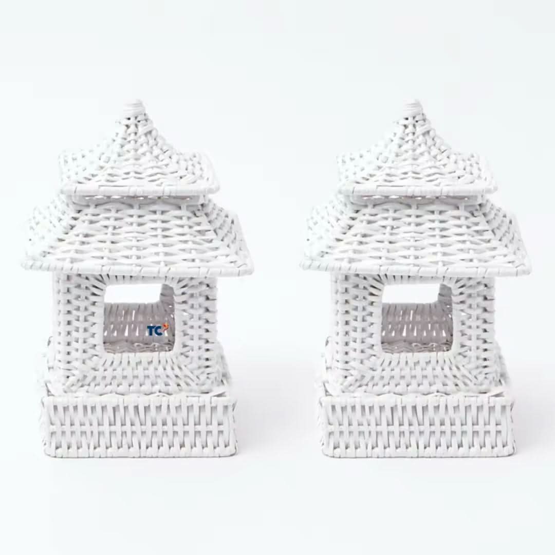 Set of Two Pagoda's in White Rattan