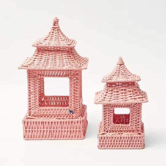 Set of Two Pagoda's in Pink Rattan