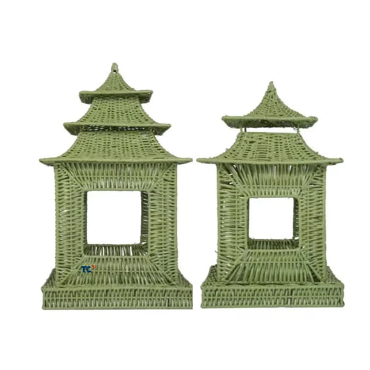 Set of Two Pagoda's in Moss Green Rattan