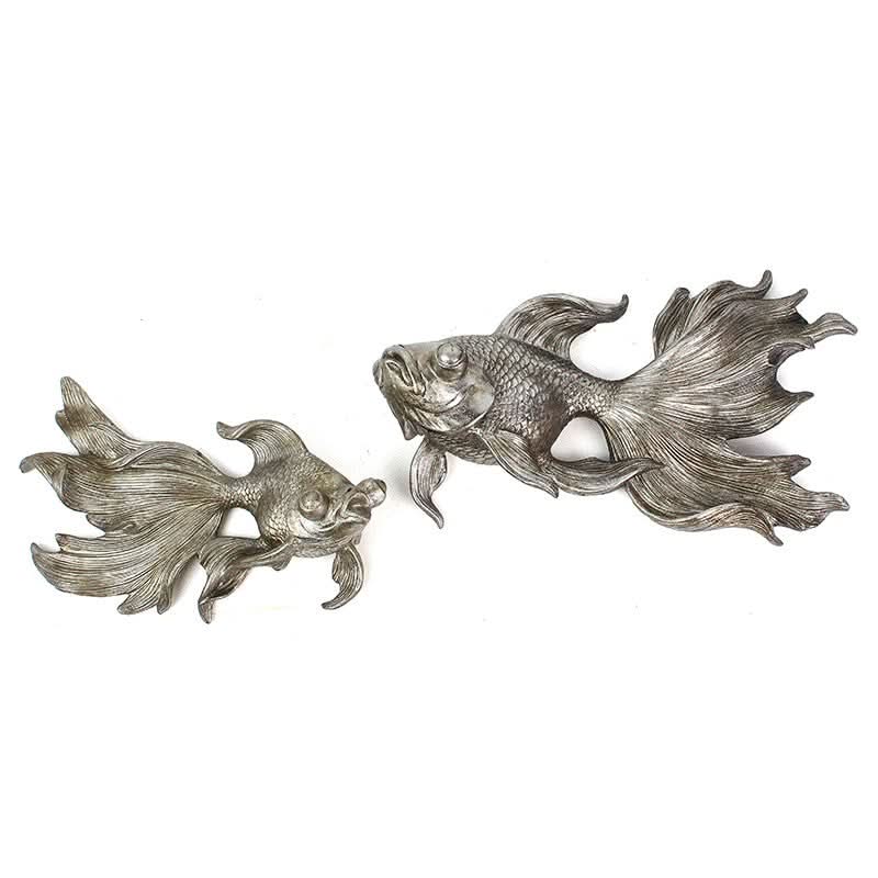 Set of Two Lagre Fish Statues in Silver Resin