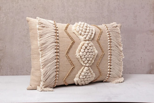 Hand Embroidered Bohemian Tan and Ivory Lumbar Pillow