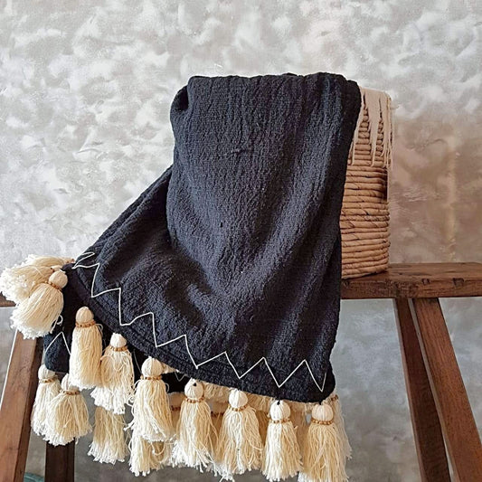 Gorgeous Black Throw Blanket With Beaded Tassels - bohemian-beach-house