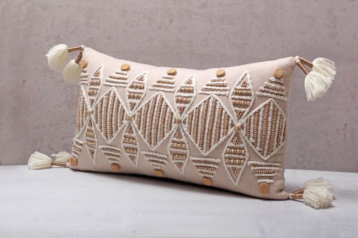 Hand Embroidered Bohemian Peach Lumbar Pillow