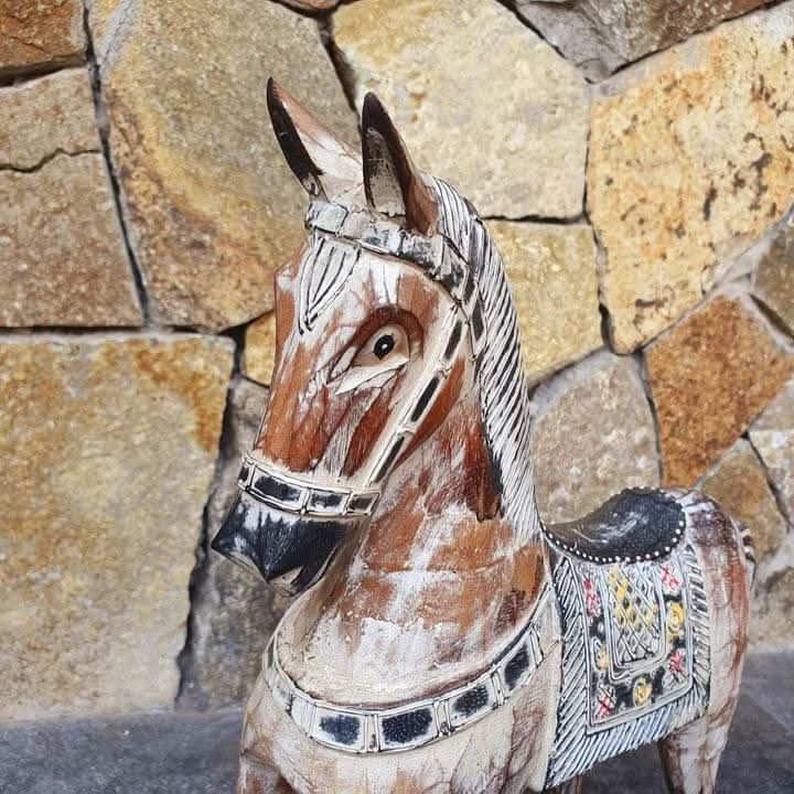 Antiqued Hand Carved Horse Statue Large