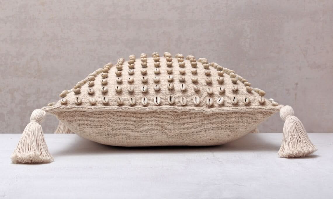Square Beige Tassel Pillow with Cowrie Shells