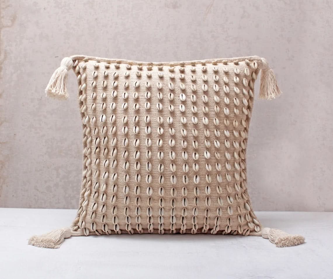 Square Beige Tassel Pillow with Cowrie Shells