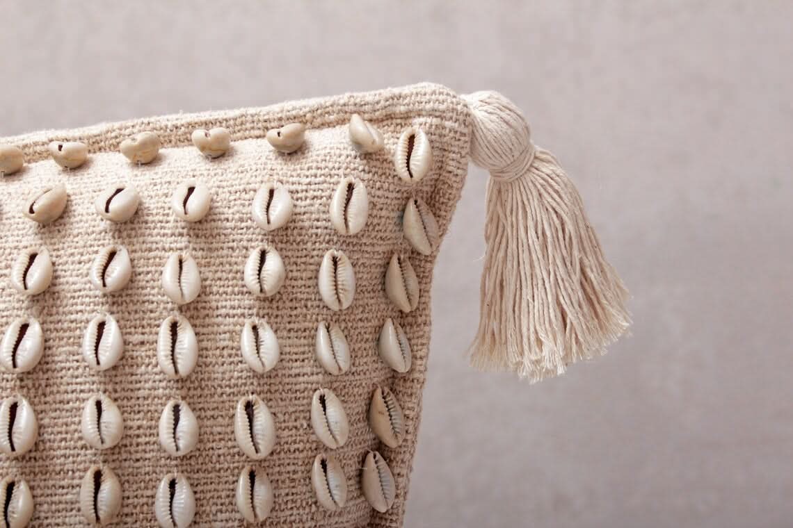 Square Beige Tassel Pillow with Cowrie Shells