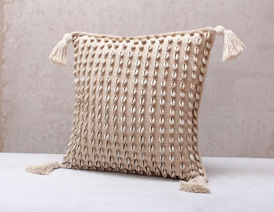 Square Beige Tassel Pillow with Cowrie Shells
