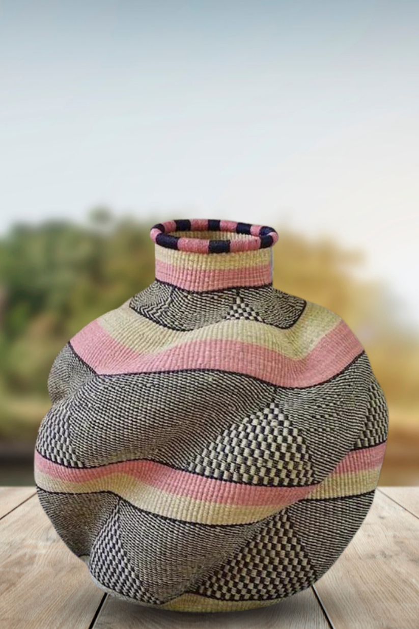 Large twist weave Tribal Ghana Basket in Beige and Baby Pink
