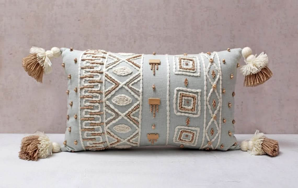Hand Embroidered Bohemian Light Blue Lumbar Pillow
