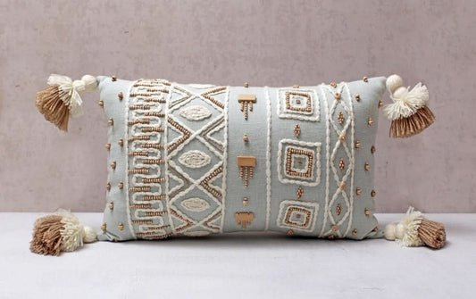Hand Embroidered Bohemian Light Blue Lumbar Pillow