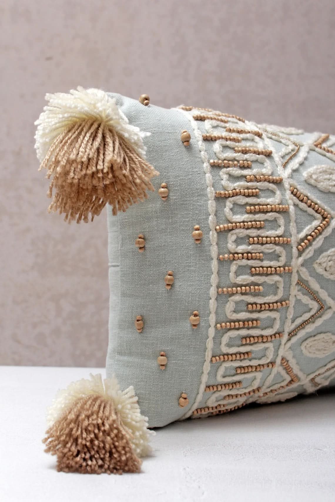 Hand Embroidered Bohemian Light Blue Lumbar Pillow