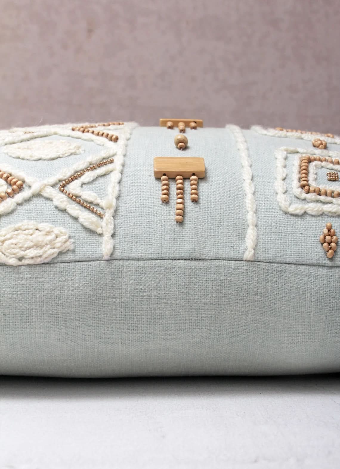 Hand Embroidered Bohemian Light Blue Lumbar Pillow